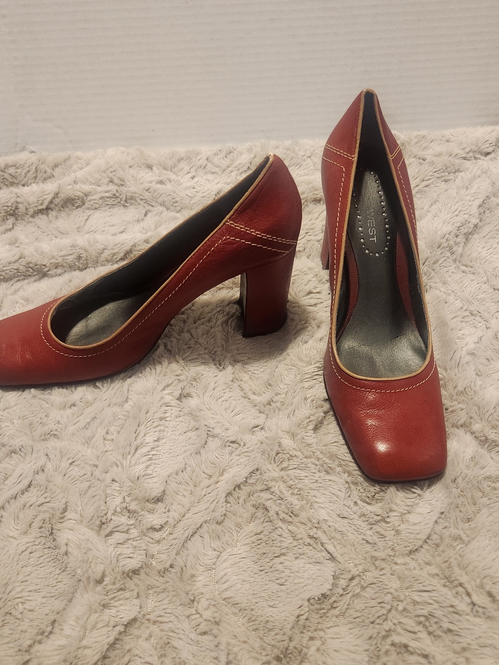 Nine West Burgundy Square-Toe Block Heel Pumps - Picture 2 of 8